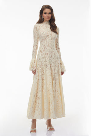 Aurohaya Nasrin White Mock Neck Floral Lace Maxi Dress