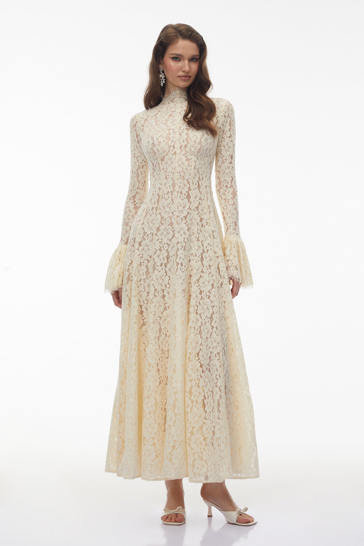 Aurohaya Nasrin White Mock Neck Floral Lace Maxi Dress