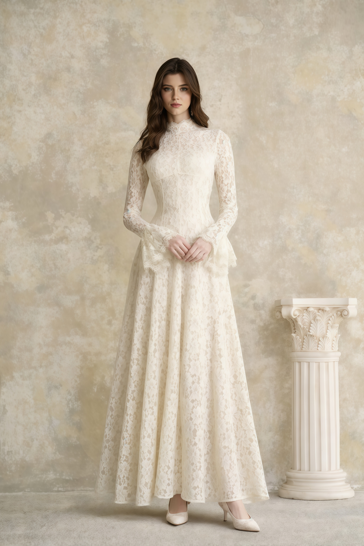 Aurohaya Nasrin White Mock Neck Floral Lace Maxi Dress