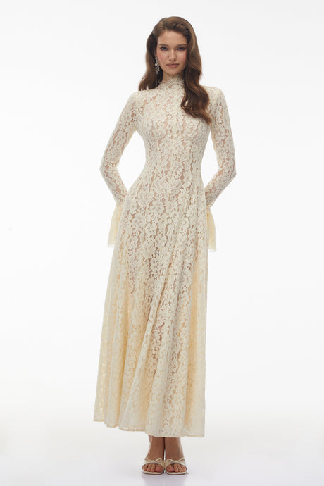 Aurohaya Nasrin White Mock Neck Floral Lace Maxi Dress