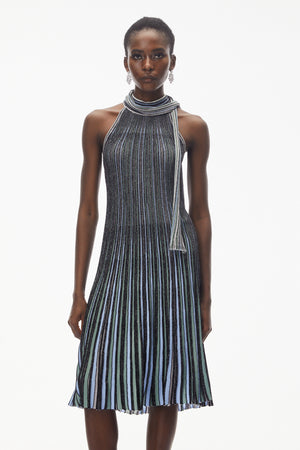 Aurohaya Nausicaa Navy Blue Metallic Striped Knit Midi Dress