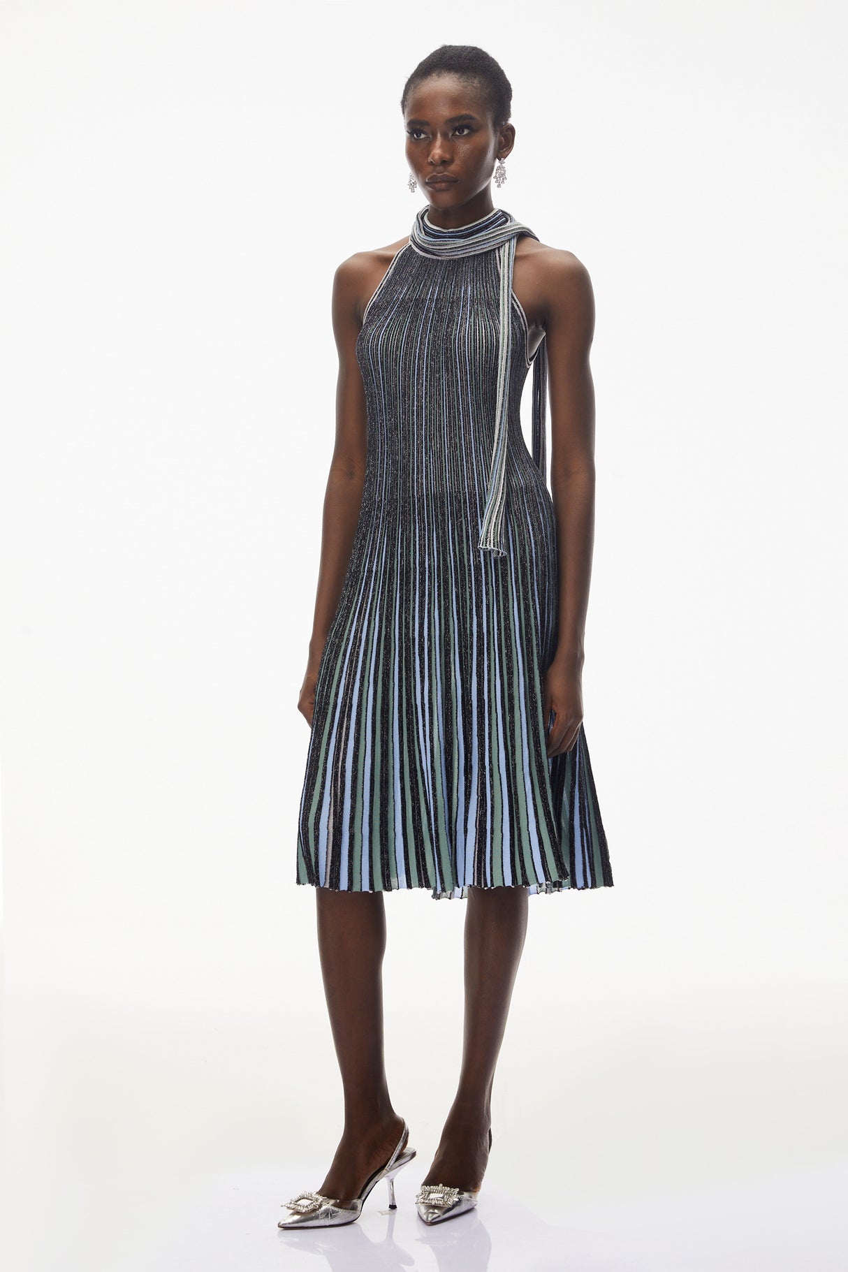 Aurohaya Nausicaa Navy Blue Metallic Striped Knit Midi Dress