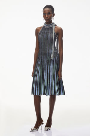 Aurohaya Nausicaa Navy Blue Metallic Striped Knit Midi Dress