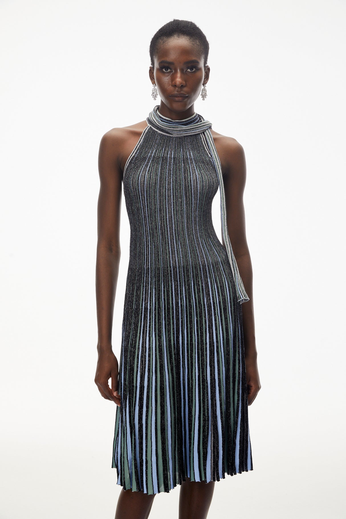 Aurohaya Nausicaa Navy Blue Metallic Striped Knit Midi Dress