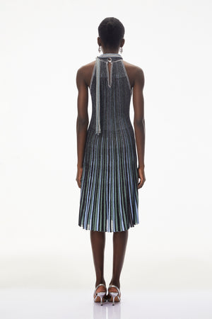 Aurohaya Nausicaa Navy Blue Metallic Striped Knit Midi Dress