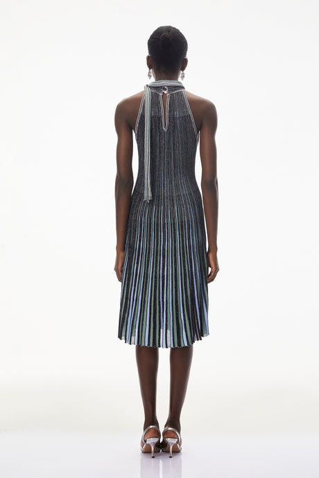 Aurohaya Nausicaa Navy Blue Metallic Striped Knit Midi Dress
