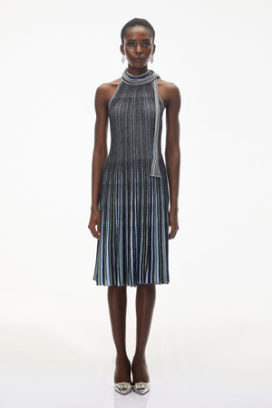 Aurohaya Nausicaa Navy Blue Metallic Striped Knit Midi Dress