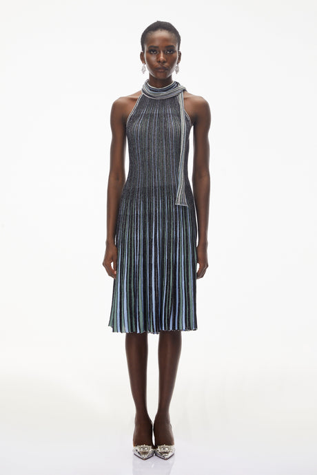 Aurohaya Nausicaa Navy Blue Metallic Striped Knit Midi Dress