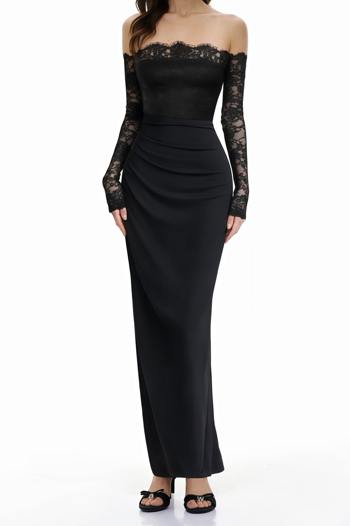 Aurohaya Nephele Black Off Shoulder Floral Lace Maxi Dress
