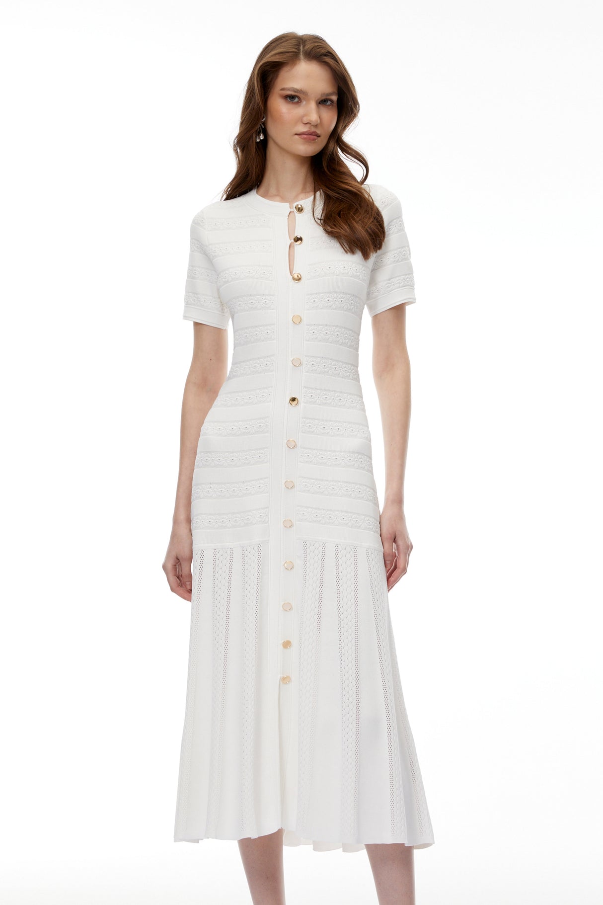 Aurohaya Nephele White Button Down Knit Midi Dress