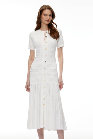 Aurohaya Nephele White Button Down Knit Midi Dress