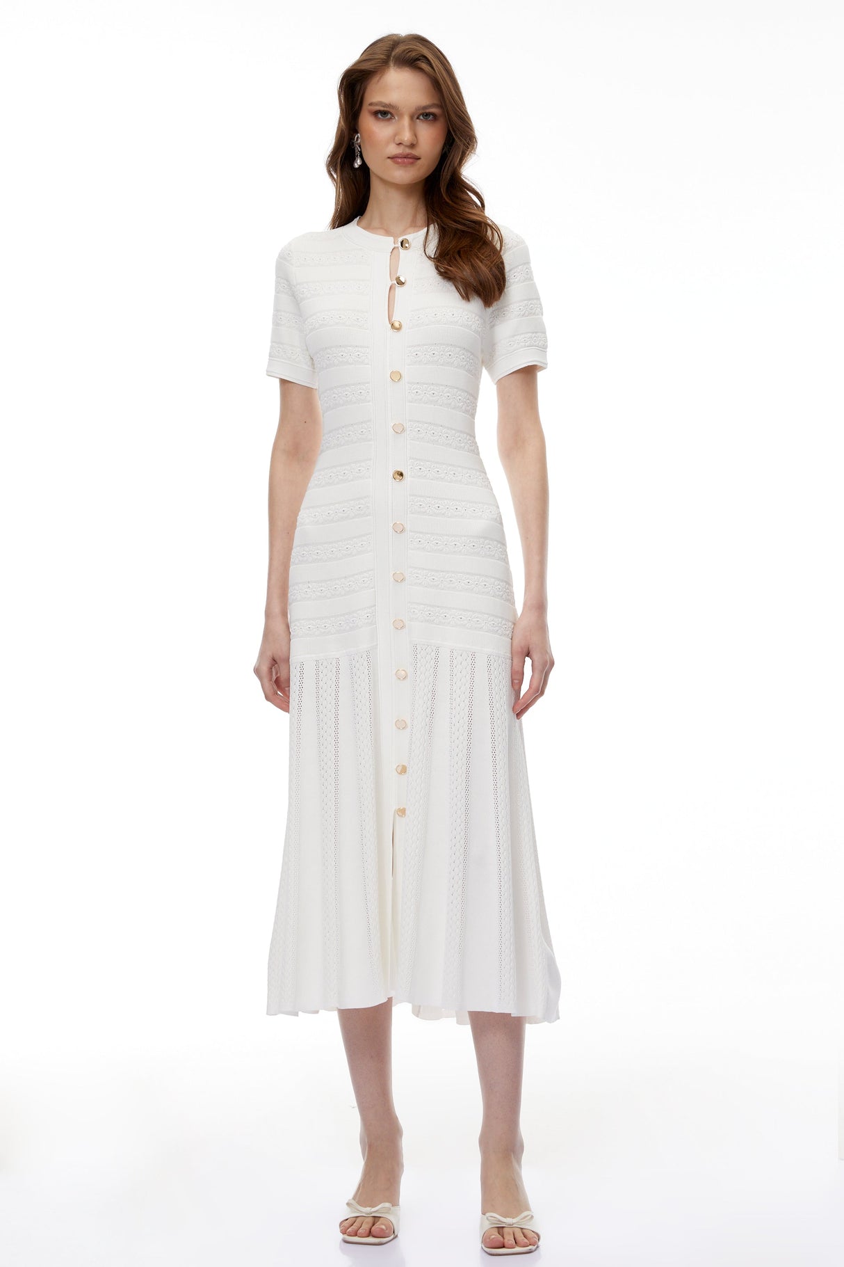 Aurohaya Nephele White Button Down Knit Midi Dress