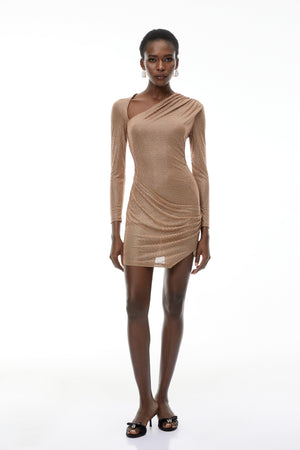 Aurohaya Nerea Khaki Rhinestone Asymmetrical Mini Dress