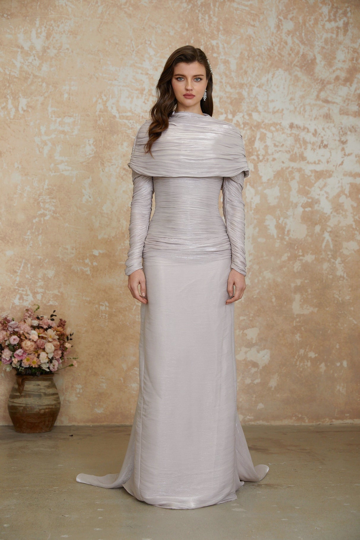 Aurohaya Nerida Silver Turtleneck Ruched Maxi Dress