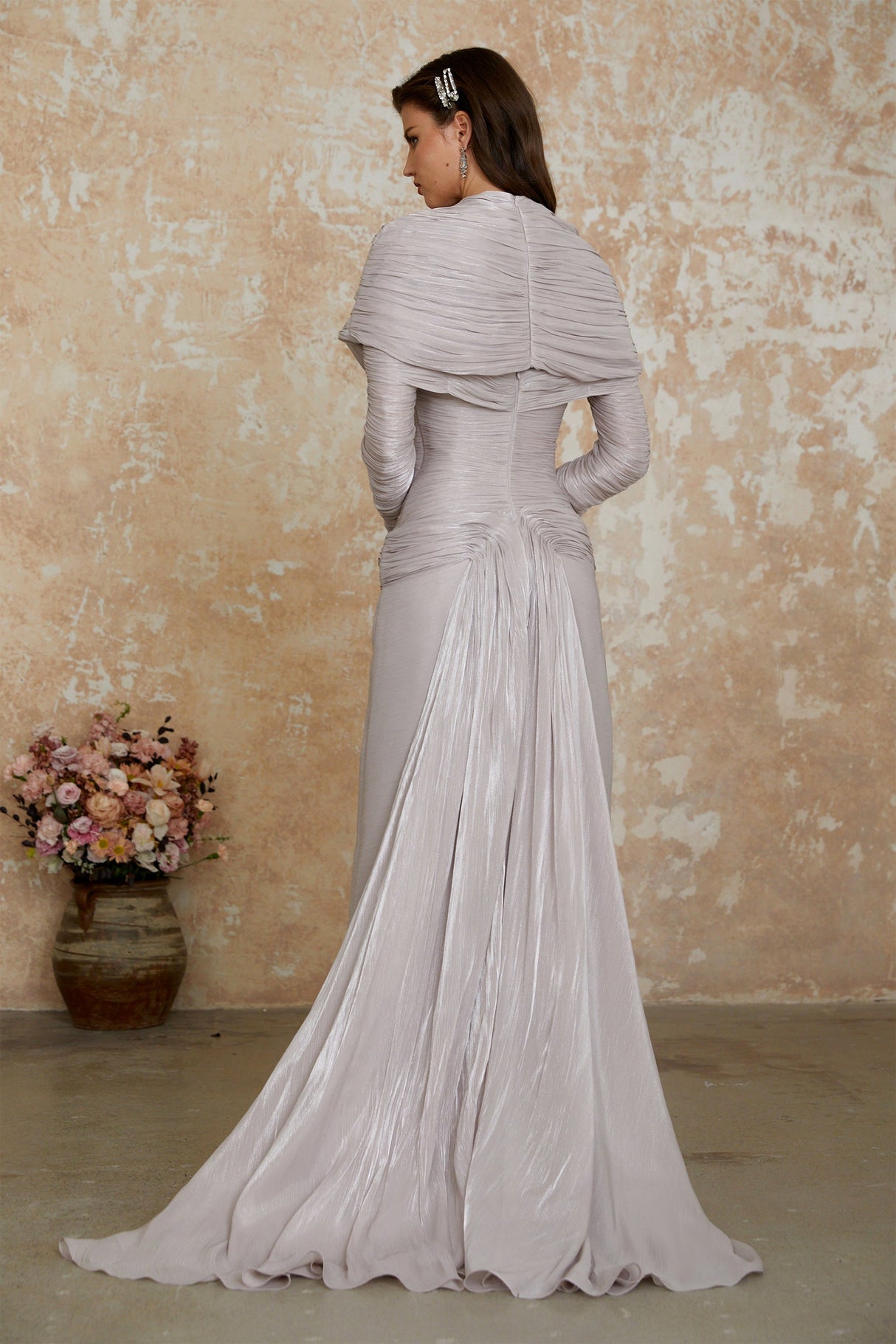 Aurohaya Nerida Silver Turtleneck Ruched Maxi Dress
