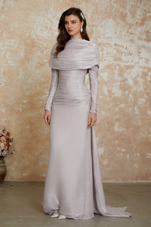 Aurohaya Nerida Silver Turtleneck Ruched Maxi Dress
