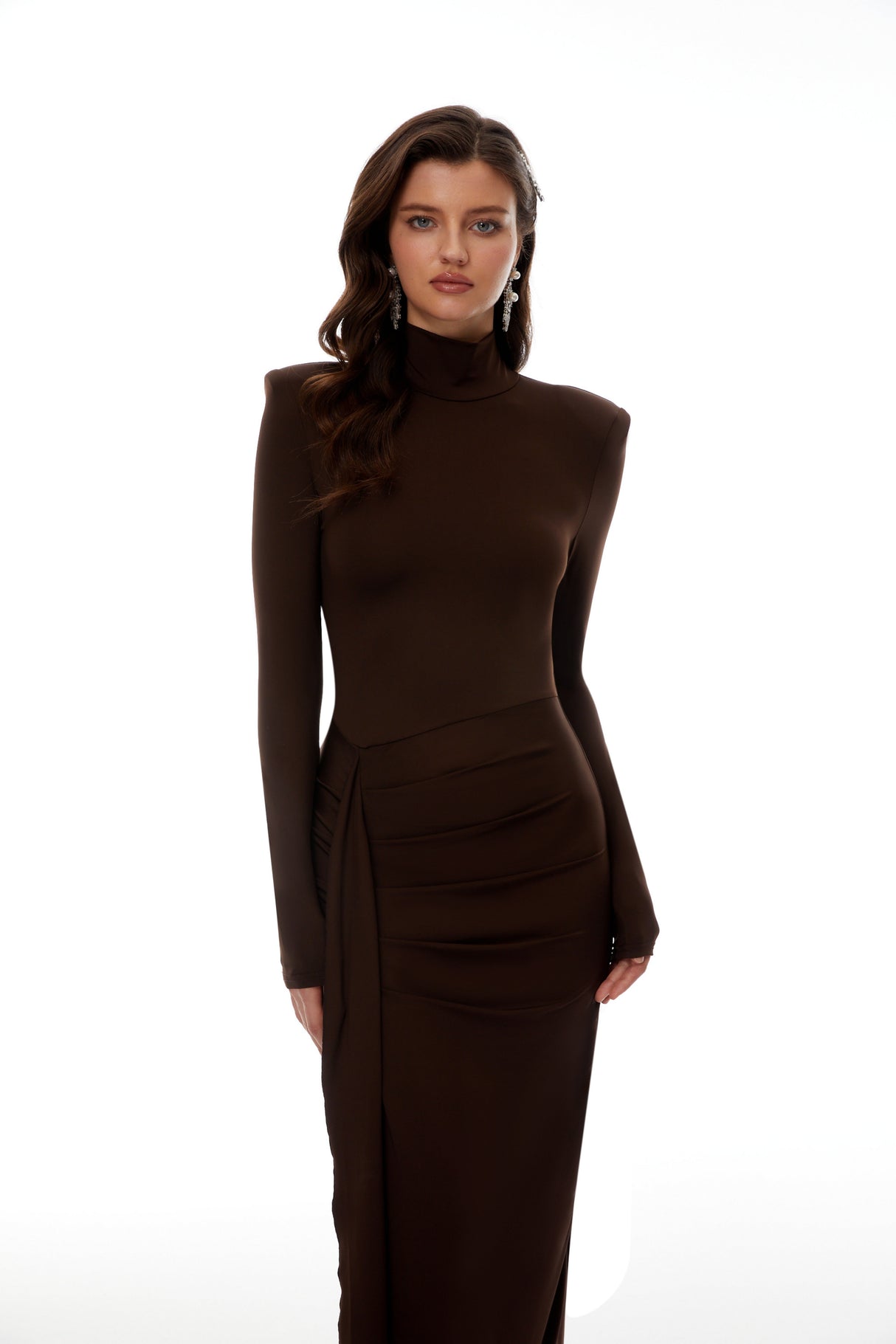 Aurohaya Neve Brown High Neck Twist Knot Maxi Dress