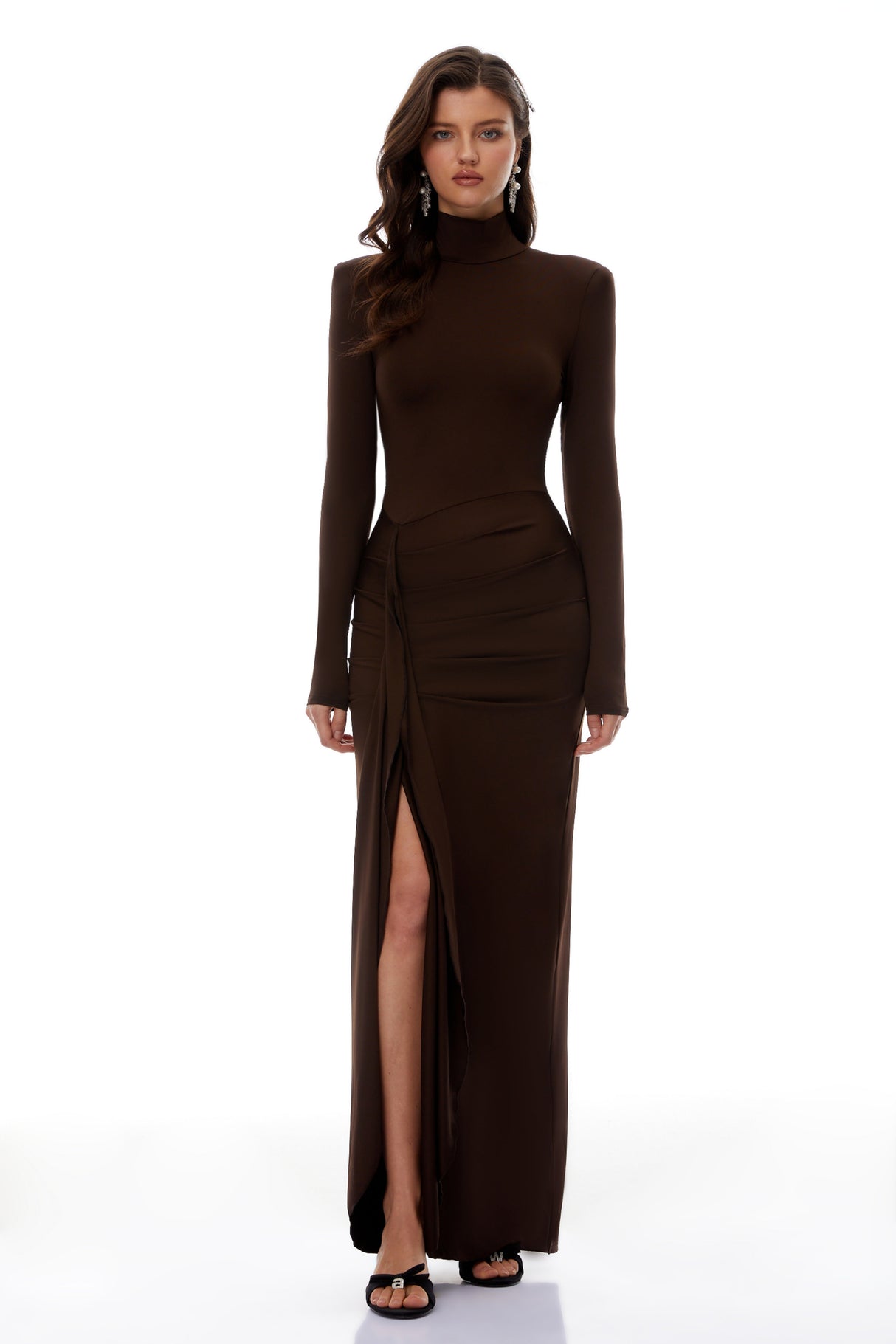 Aurohaya Neve Brown High Neck Twist Knot Maxi Dress