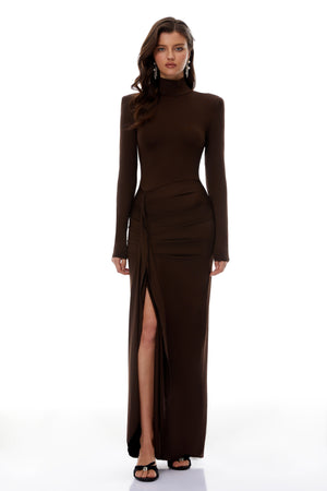 Aurohaya Neve Brown High Neck Twist Knot Maxi Dress