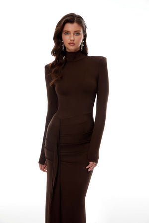 Aurohaya Neve Brown High Neck Twist Knot Maxi Dress