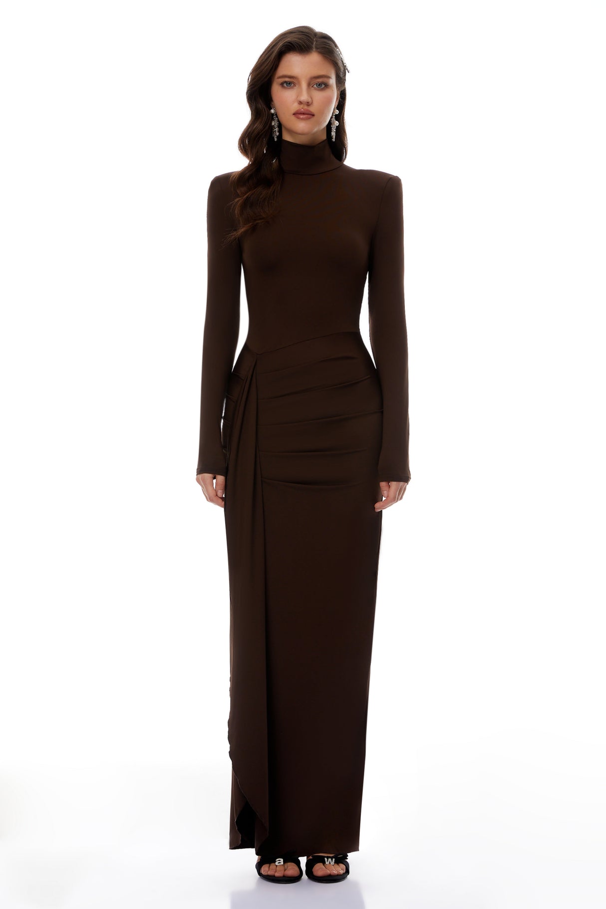 Aurohaya Neve Brown High Neck Twist Knot Maxi Dress