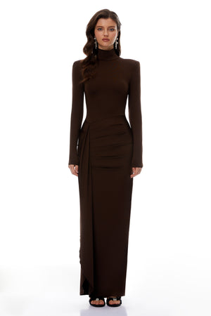 Aurohaya Neve Brown High Neck Twist Knot Maxi Dress