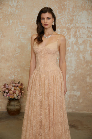 Aurohaya Giuseppina Neutral Pleated Lace Maxi Dress