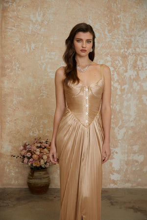 Aurohaya Nicoletta Gold Glossy Pleated Corset Maxi Dress