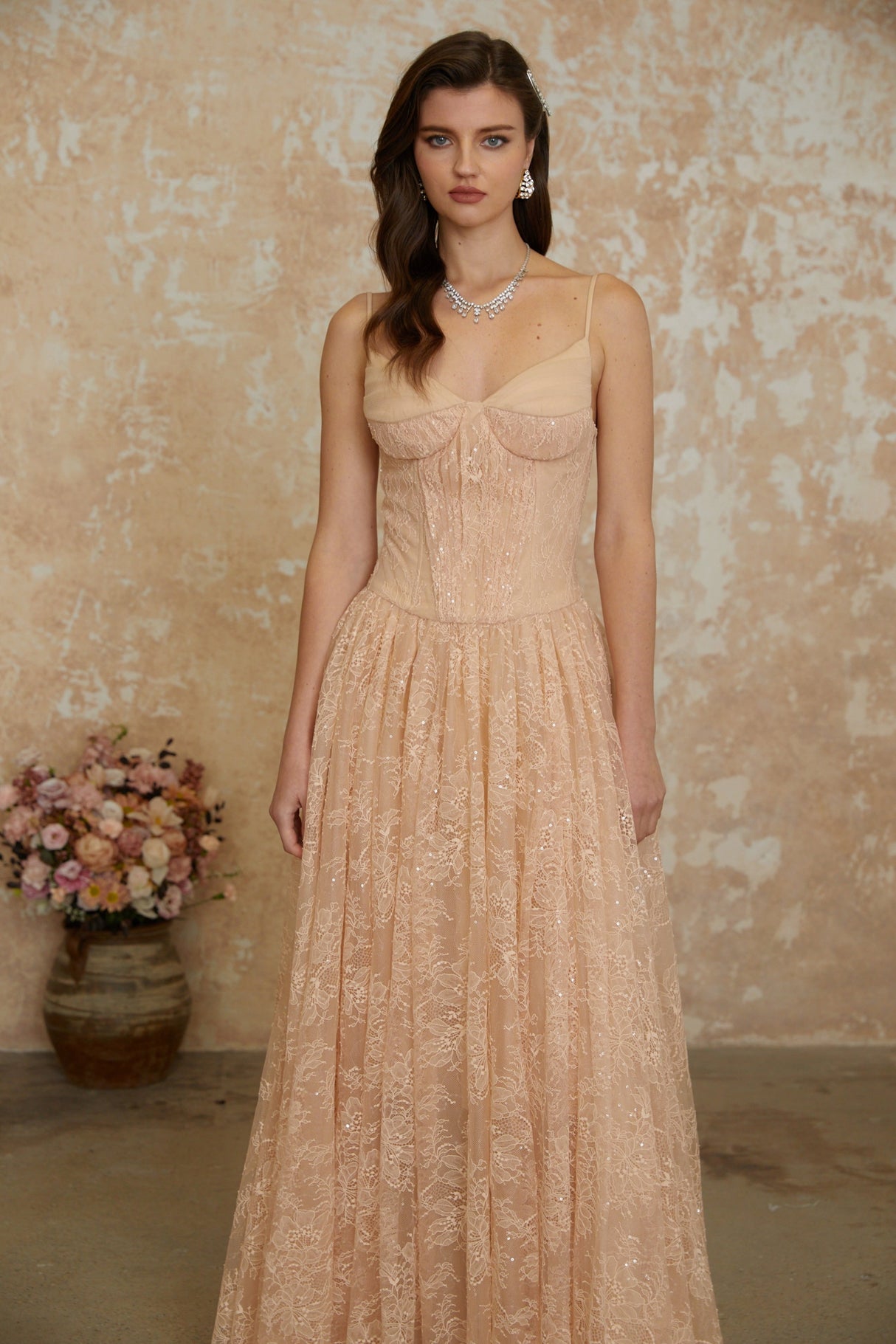 Aurohaya Giuseppina Neutral Pleated Lace Maxi Dress