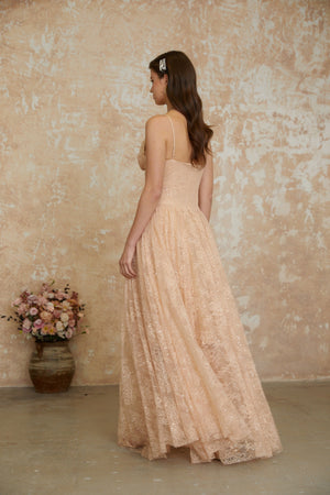 Aurohaya Giuseppina Neutral Pleated Lace Maxi Dress