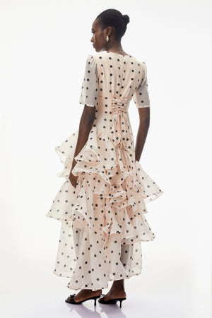 Aurohaya Nicoletta White Polka Dot Asymmetrical Maxi Dress