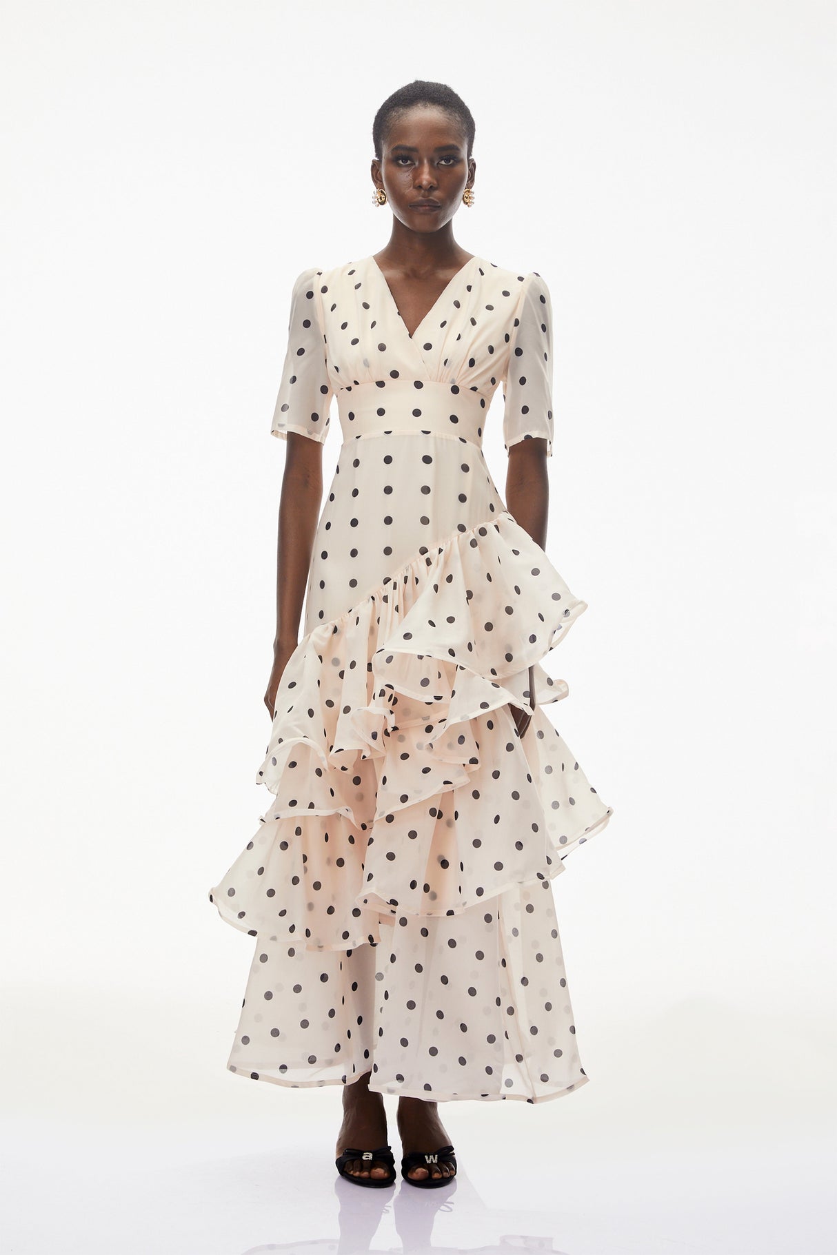 Aurohaya Nicoletta White Polka Dot Asymmetrical Maxi Dress