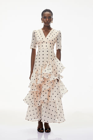 Aurohaya Nicoletta White Polka Dot Asymmetrical Maxi Dress