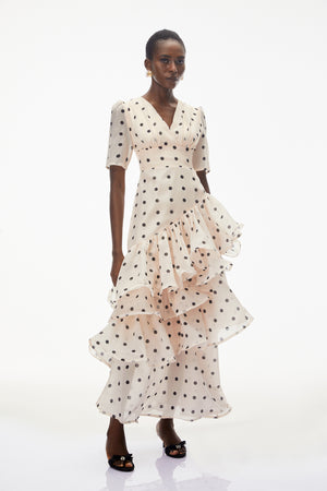 Aurohaya Nicoletta White Polka Dot Asymmetrical Maxi Dress