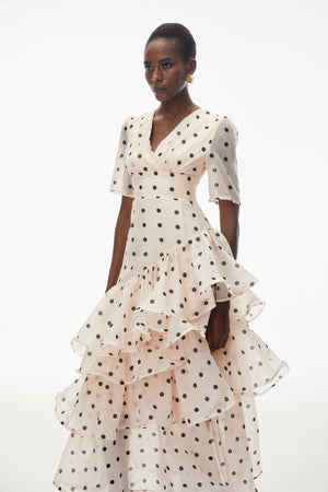 Aurohaya Nicoletta White Polka Dot Asymmetrical Maxi Dress