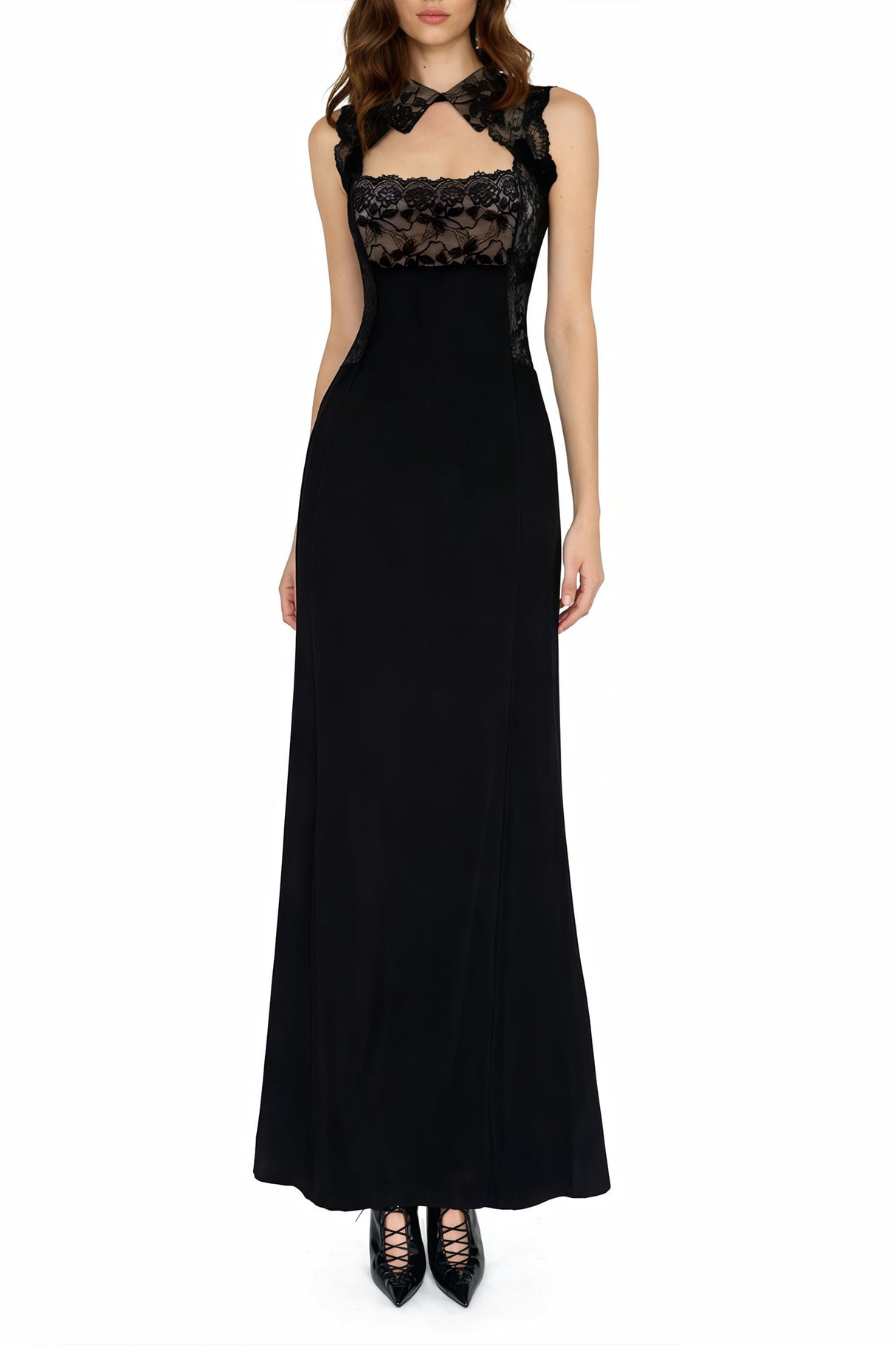 Aurohaya Nina Black Lace Maxi Dress with Cut-Outs