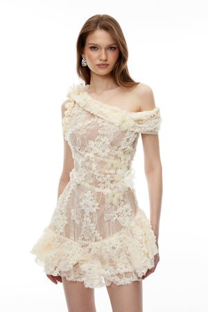Aurohaya Niobe White Flared Lace Mini Dress with 3D Florals