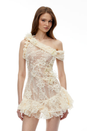 Aurohaya Niobe White Flared Lace Mini Dress with 3D Florals