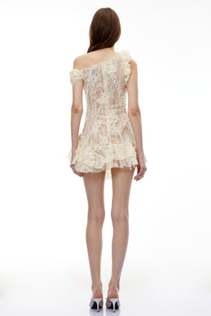 Aurohaya Niobe White Flared Lace Mini Dress with 3D Florals