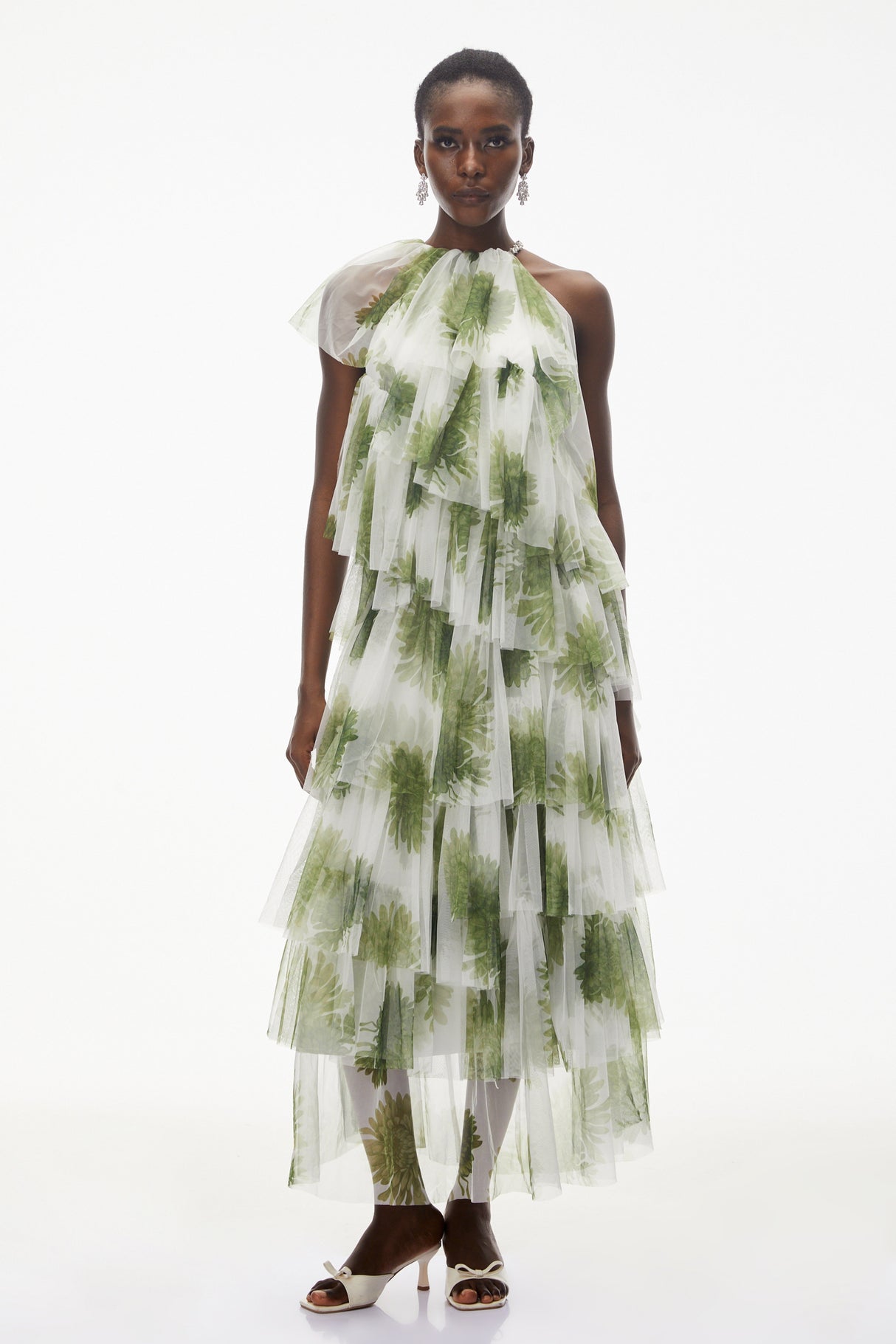 Aurohaya Nitzan Green Printed Tiered Maxi Dress with Sheer Overlay