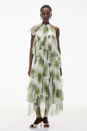Aurohaya Nitzan Green Printed Tiered Maxi Dress with Sheer Overlay