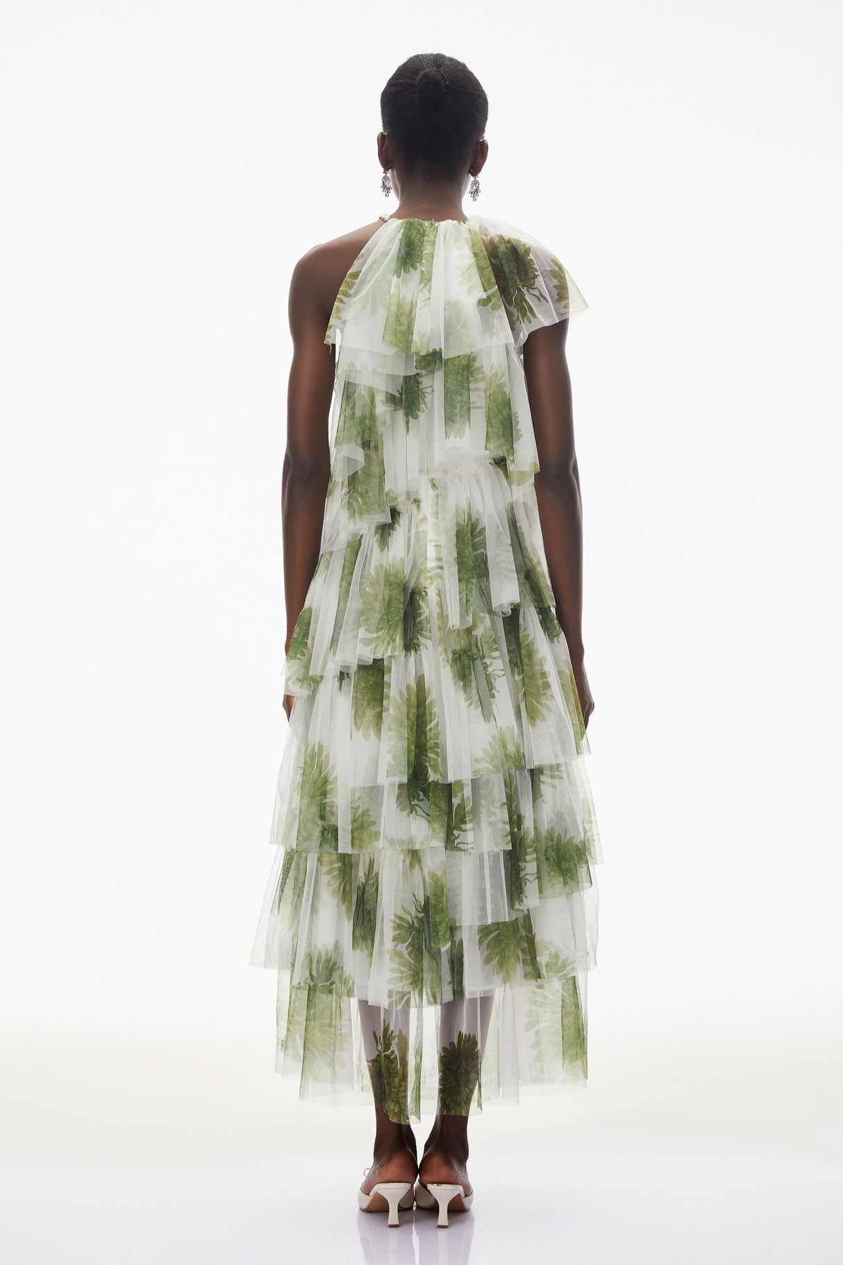 Aurohaya Nitzan Green Printed Tiered Maxi Dress with Sheer Overlay