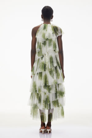 Aurohaya Nitzan Green Printed Tiered Maxi Dress with Sheer Overlay
