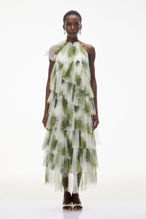 Aurohaya Nitzan Green Printed Tiered Maxi Dress with Sheer Overlay