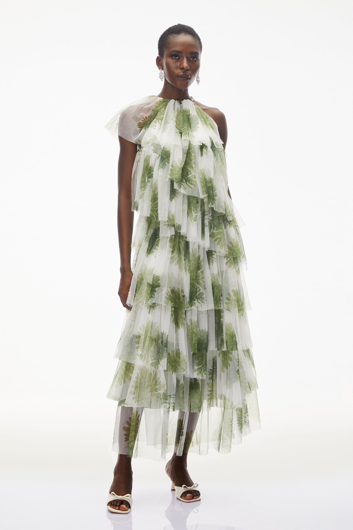 Aurohaya Nitzan Green Printed Tiered Maxi Dress with Sheer Overlay