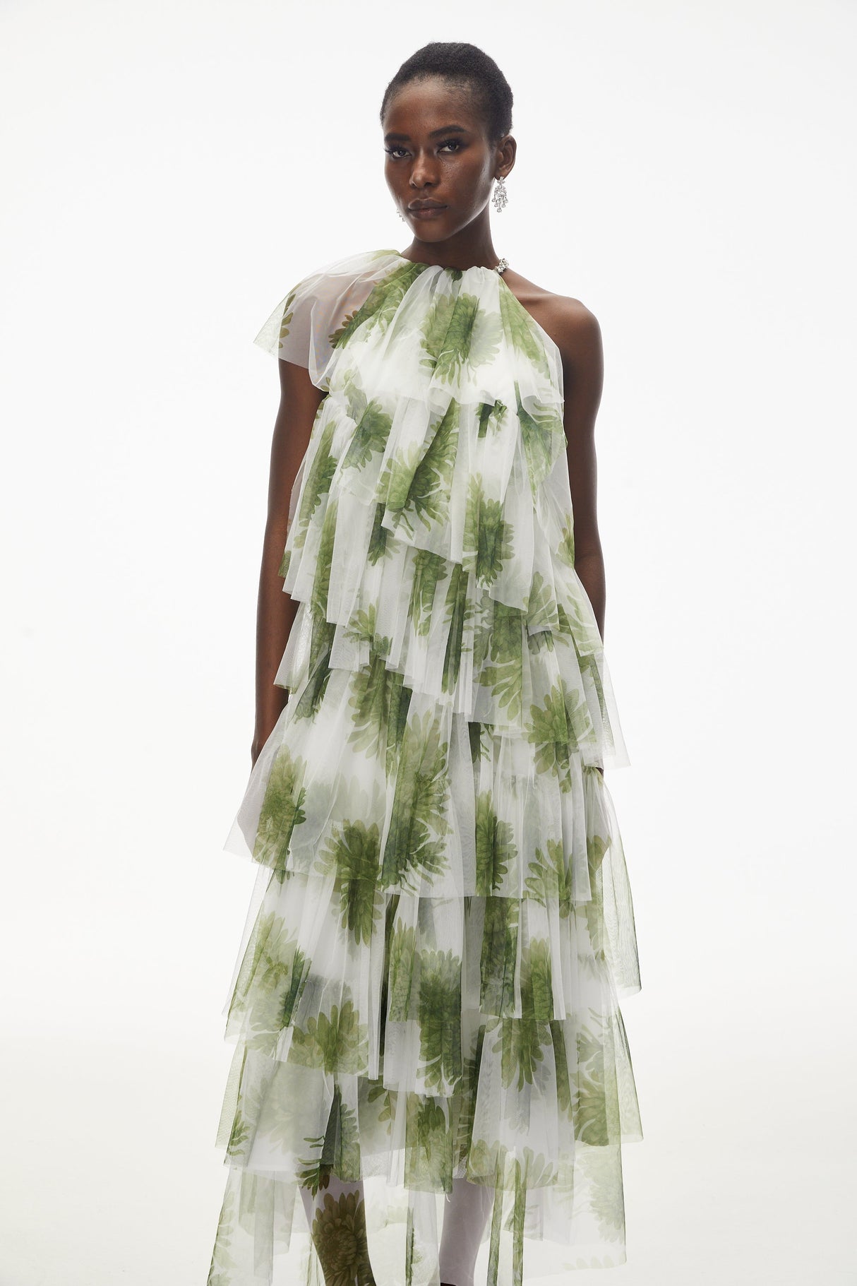 Aurohaya Nitzan Green Printed Tiered Maxi Dress with Sheer Overlay