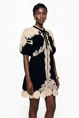 Aurohaya Nora Black Velvet Mini Dress with Lace Panels