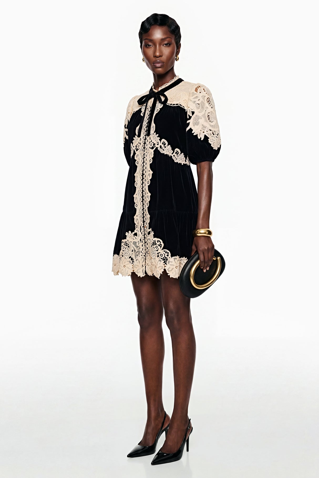 Aurohaya Nora Black Velvet Mini Dress with Lace Panels