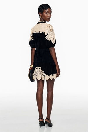 Aurohaya Nora Black Velvet Mini Dress with Lace Panels
