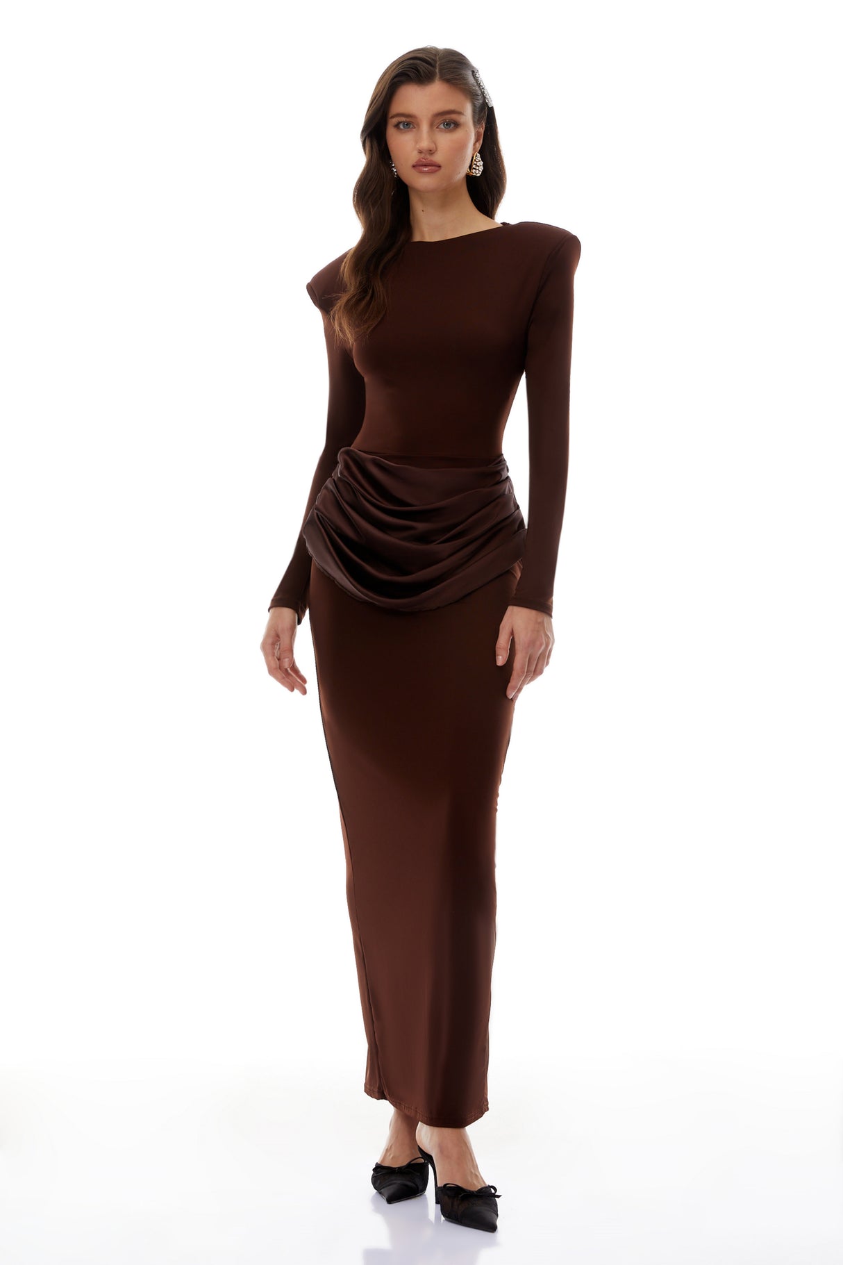 Aurohaya Norma Brown Draped Panel Maxi Dress
